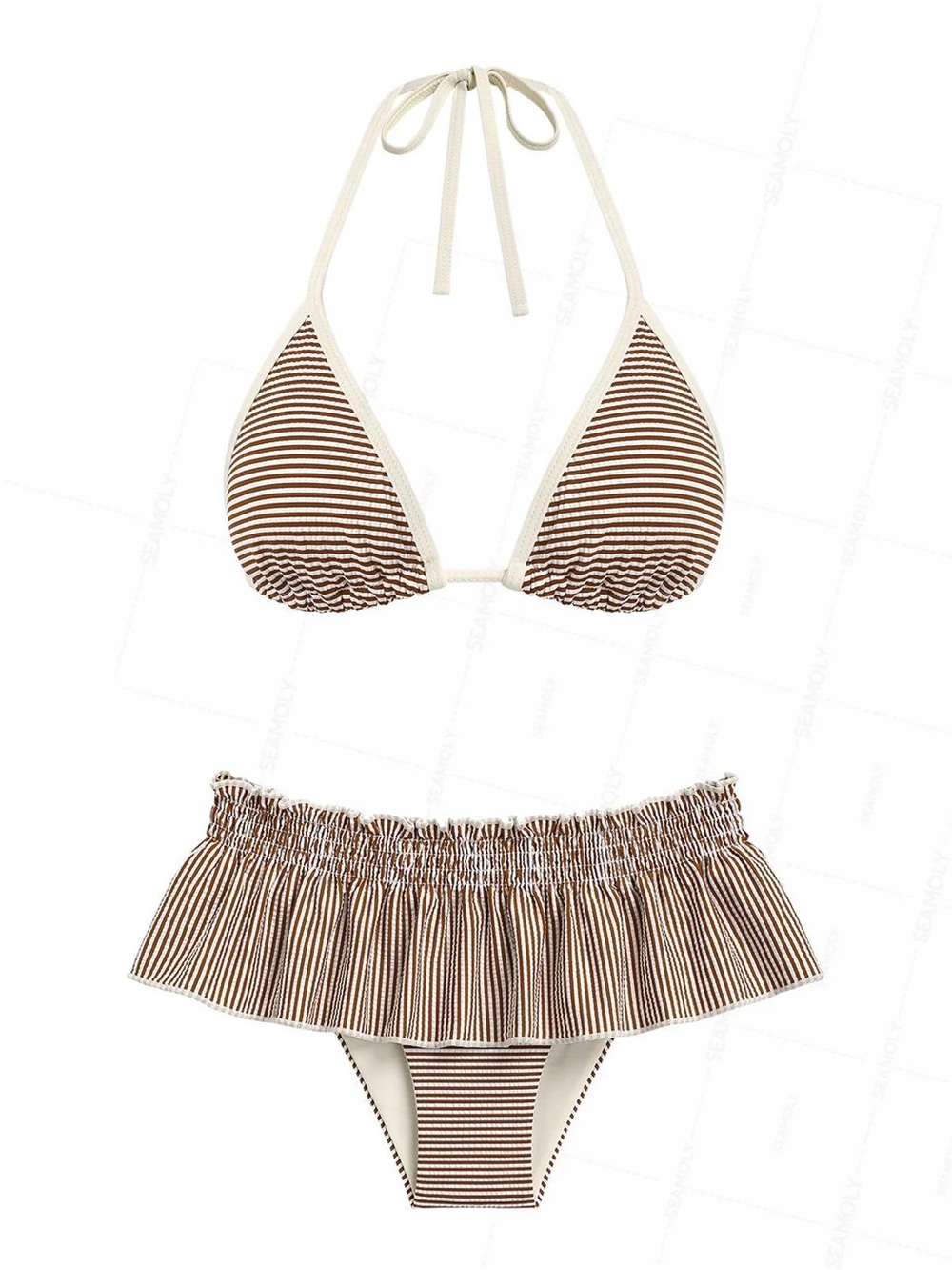 SEAMOLLY STRIPED CONTRAST BINDING SMOCKED PEPLUM SKIRTINI BIKINI SET
